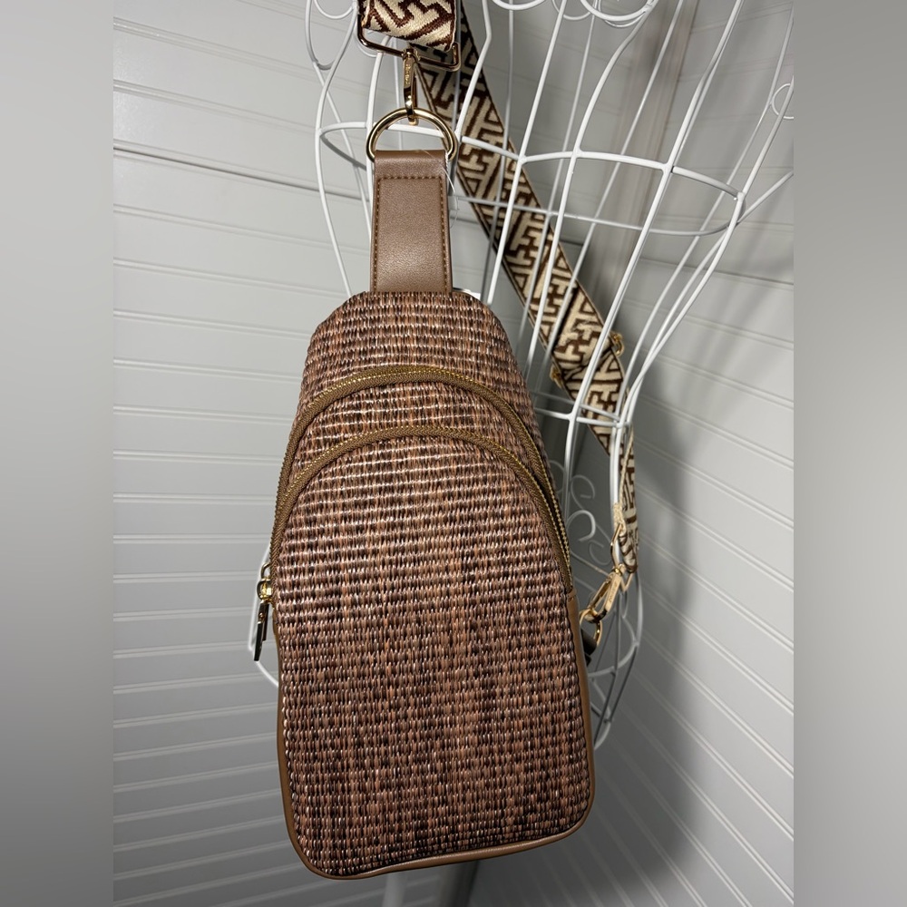 Boutique- Brown Woven Sling Belt Bag with Patterned Strap
